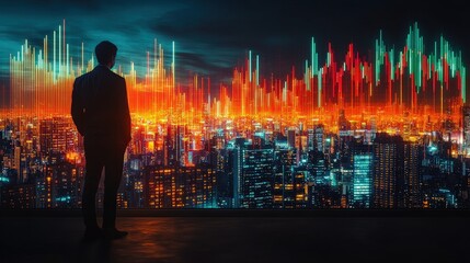 Business professional gazing at a vibrant city skyline with financial data overlay at sunset