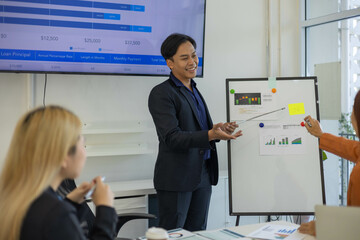 A man is giving a presentation to a group of people in a conference room. The presentation is about a new product and the man is showing a whiteboard with diagrams and charts

