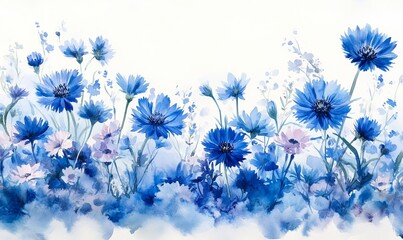 Blue Watercolour Cornflower Knapweed Illustration - Vibrant Centaurea Spring Flowers Art on White Background, Floral Blooming Concept