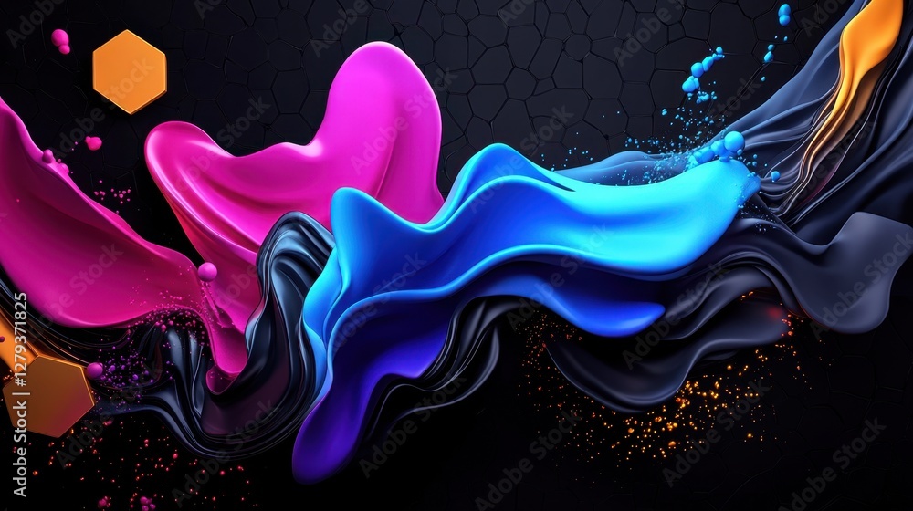 Aufkleber a cybernetic fluid waves flowing between floating hexagonal prisms, deep black void background, ultr