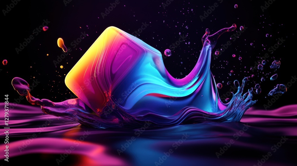 Poster a colorful cube is floating in a splash of water. the splash is made up of many small droplets, crea