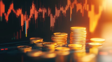 Stacks of golden coins in front of a fluctuating stock market graph, symbolizing investment growth