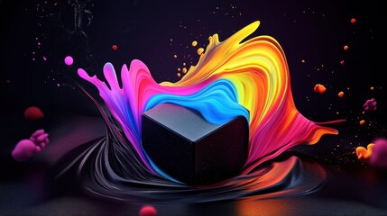 Obraz premium Molten neon fluid wrapping around crystalline cubes, high-detailed textures, hyper-realistic lighting reflections