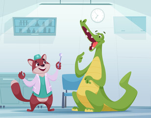 Crocodile at dentist. animal complaints of toothache. medical conceptual cartoon illustration