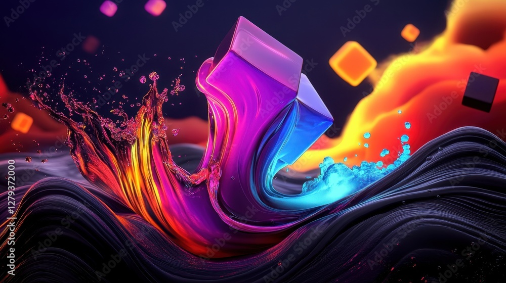 Poster silk-like liquid waves cascading over a floating field of glowing cubes, sci-fi inspired, high-resol