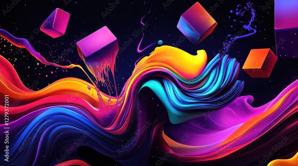 Poster silk-like liquid waves cascading over a floating field of glowing cubes, sci-fi inspired, high-resol