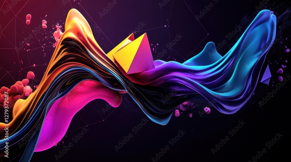 Poster a luminous liquid threads connecting a grid of floating triangles, surreal futuristic vibes, high-co