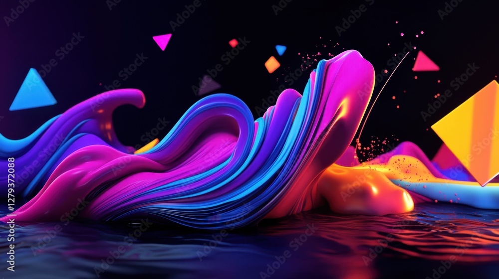 Poster luminous liquid threads connecting a grid of floating triangles, surreal futuristic vibes, high-cont