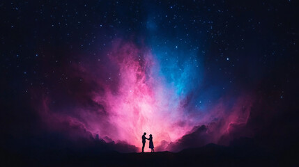 Fototapeta premium Starry-Eyed Embrace: A Silhouette in the Cosmos
