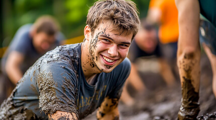 A young man in work is picking up mud from the ground, appearing dirty and smiling during an extreme team-building event or outdoor activities with a group of friends