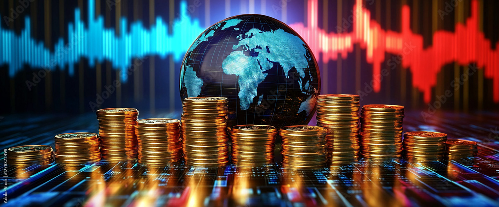 Poster A 3D render of a world globe surrounded by stacks of gold coins with a digital background showcasing stock market data, representing global finance, investment, and economic growth.