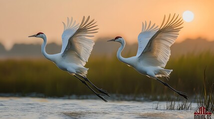 Pair of whooping cranes taking off at sunrise. Two whooping cranes take flight over wetland, their wings fully extended © Emilio