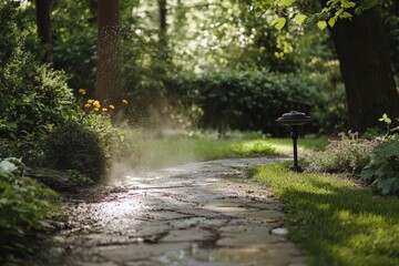 Garden path being cleaned with a rotating tool in a lush green setting during daylight. Generative AI