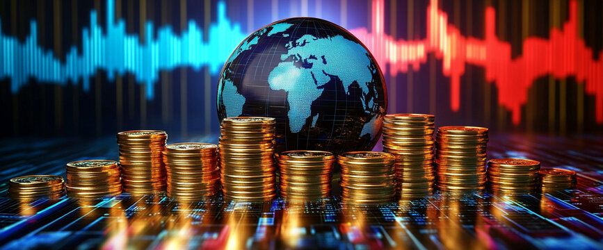 A 3D render of a world globe surrounded by stacks of gold coins with a digital background showcasing stock market data, representing global finance, investment, and economic growth.