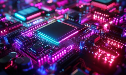 Obraz premium Abstract Concept of IoT and Big Data in a Digital Network and Software Development Environment with High-Tech Circuit Board and Glowing Data Points, Illuminated by Light