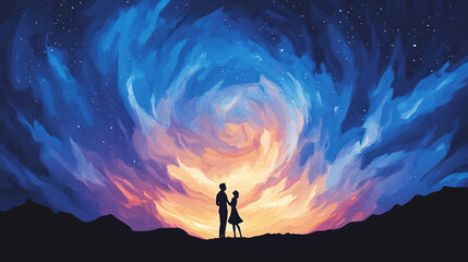 Fototapeta premium Silhouetted Couple Embracing Under a Starry Twilight Sky: An Artistic Expression of Love and Unity