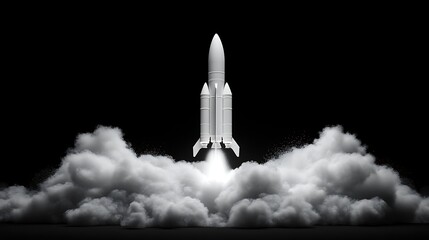 Rocket Launching into Space at Night, A rocket launching into space with smoke and flames, set against a dark sky