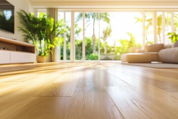 Fototapeta premium Bright living room with polished hardwood floor and natural light streaming through large windows. Generative AI