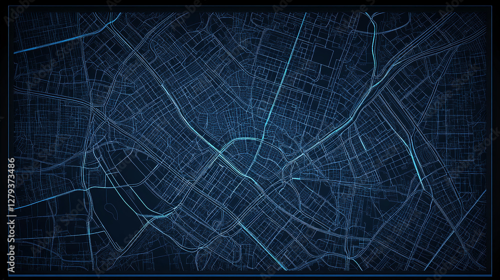 Poster 3d render of a digital map of a city, featuring illuminated street grid lines in blue against a dark