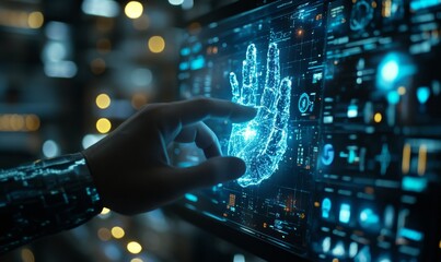 Futuristic AI Robot with Holographic Data Interface and Human Interaction in High-Tech Laboratory Setting