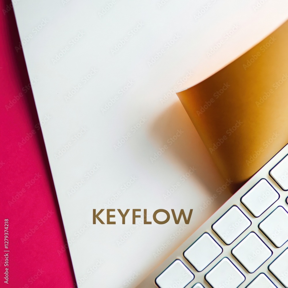 Poster keyflow and keyboard: an abstract workspace composition featuring a close-up of a keyboard resting b