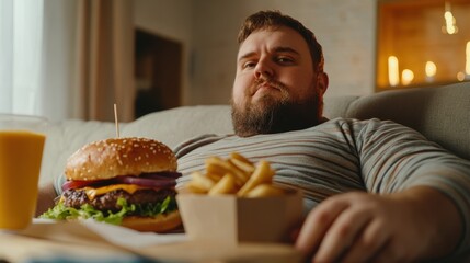 Fat man eating fast food hamberger. Breakfast for overweight person. Junk meal leads to obesity. Person regularly overeats concept on black background.