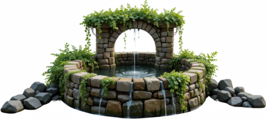 Serene Stone Fountain with Lush Greenery and Cascading Water Feature in Garden Setting