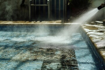 High pressure hose cleans dirt from swimming pool surface in outdoor setting during bright day. Generative AI