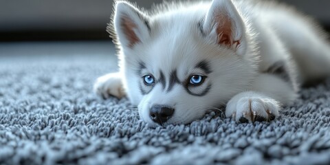 Fototapeta premium Fluffy white puppy relaxing on a soft gray rug in a cozy indoor setting during the afternoon