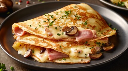 Delicious Ham and Mushroom Crepes with Cheese and Fresh Herbs