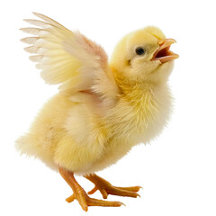 Charming yellow chick with wings spread isolated on a white background.