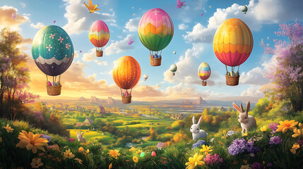 Fototapeta premium Vibrant illustration of colourful eggs balloons in air.