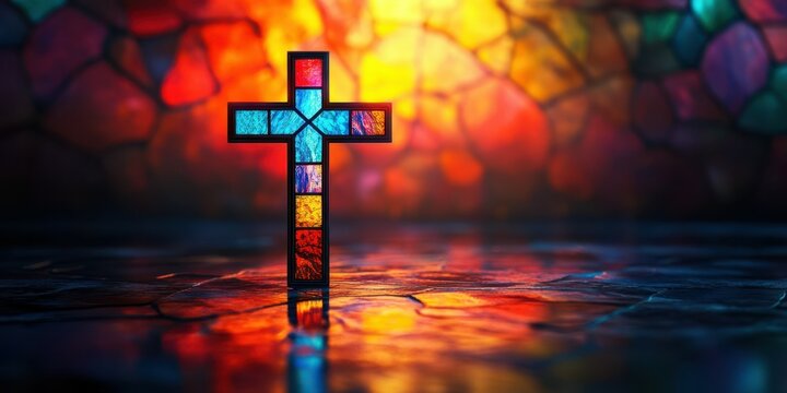 Colorful stained glass cross illuminated by warm sunlight in a serene setting