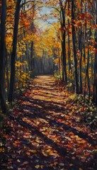 Obraz premium Autumnal Forest Path With Sunlight Filtering Through The Leaves