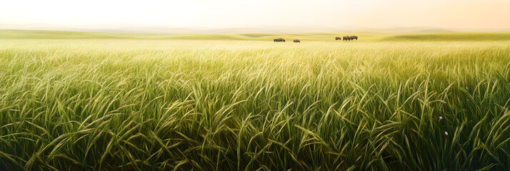 Golden Serenity: A Prairie Landscape at Sunset with Grazing Bison Under a Painted Sky, Perfectly Illustrating Nature's Tranquil Beauty