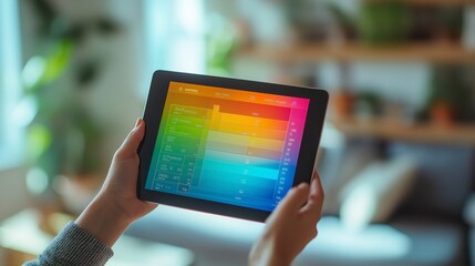 A hand holding a digital tablet displaying a colorful interface with various data metrics in a softly lit indoor environment