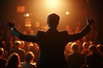 Hypnotist captivates audience with mesmerizing performance during evening event. Generative AI