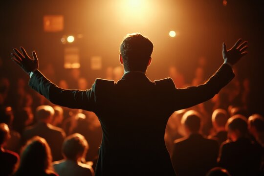 Hypnotist captivates audience with mesmerizing performance during evening event. Generative AI