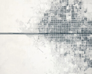 Obraz premium A black and white abstract city map featuring intersecting roads and urban layouts, symbolizing city planning, transportation networks, and geographical structures.