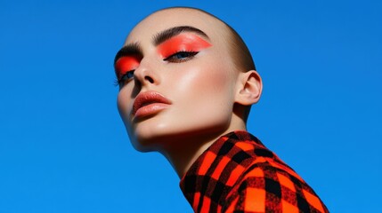 A model poses against a bright blue sky, flaunting striking orange eyeshadow and a stylish checkered outfit. The look exudes confidence and creativity in beauty and fashion
