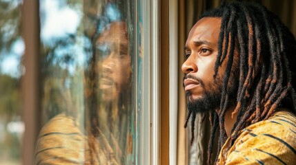 A man with long dreadlocks sits by a window, looking out thoughtfully. Sunlight floods the room, creating a serene atmosphere filled with reflection and peace