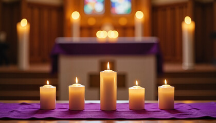 Maundy Thursday altar adorned with lit candles and purple cloth