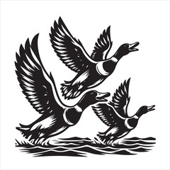 vector duck flying, sitting and howling