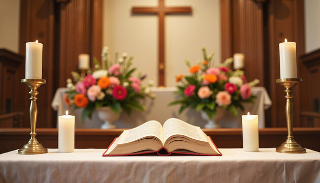 Vibrant floral arrangements on altar with open Bible and candles for Maundy Thursday