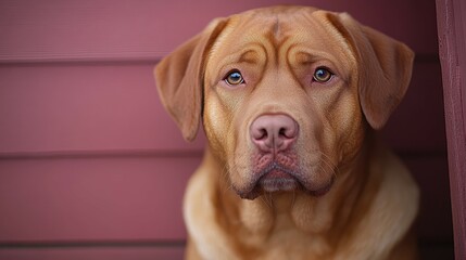 A brown dog with striking eyes gazes thoughtfully from a corner, surrounded by a warm maroon wooden background, creating a calm, cozy atmosphere