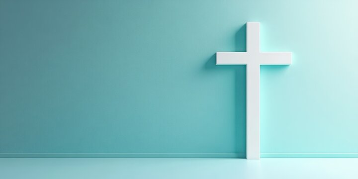 Minimalist white cross against a soft blue wall creates a serene atmosphere in a spiritual space