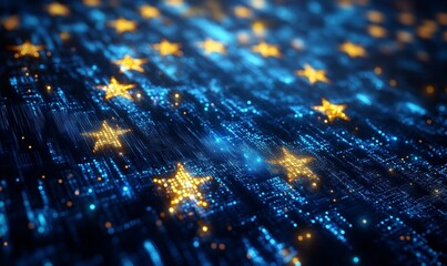 Digital European Union Flag Composed of Stars Shining Across a Network of Dynamic Data Points, Symbolizing Connectivity and Unity