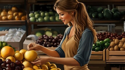 Obraz premium Young Woman Selecting Fresh Citrus Fruits in a Market Setting