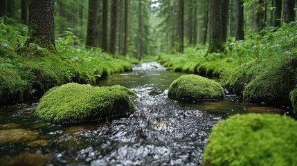 Obraz premium Forest stream flows through mossy rocks. Peaceful nature scene for relaxation