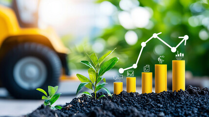 Growth Concept Featuring Sprouting Plants with Ascending Bar Graph Overlay in a Vibrant Green Setting